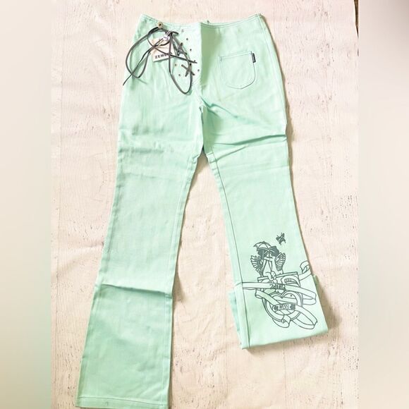 NWT Zemeta y2k flare leg mint tiffany blue cherub jeans Sz S GORGEOUS - Picture 1 of 8